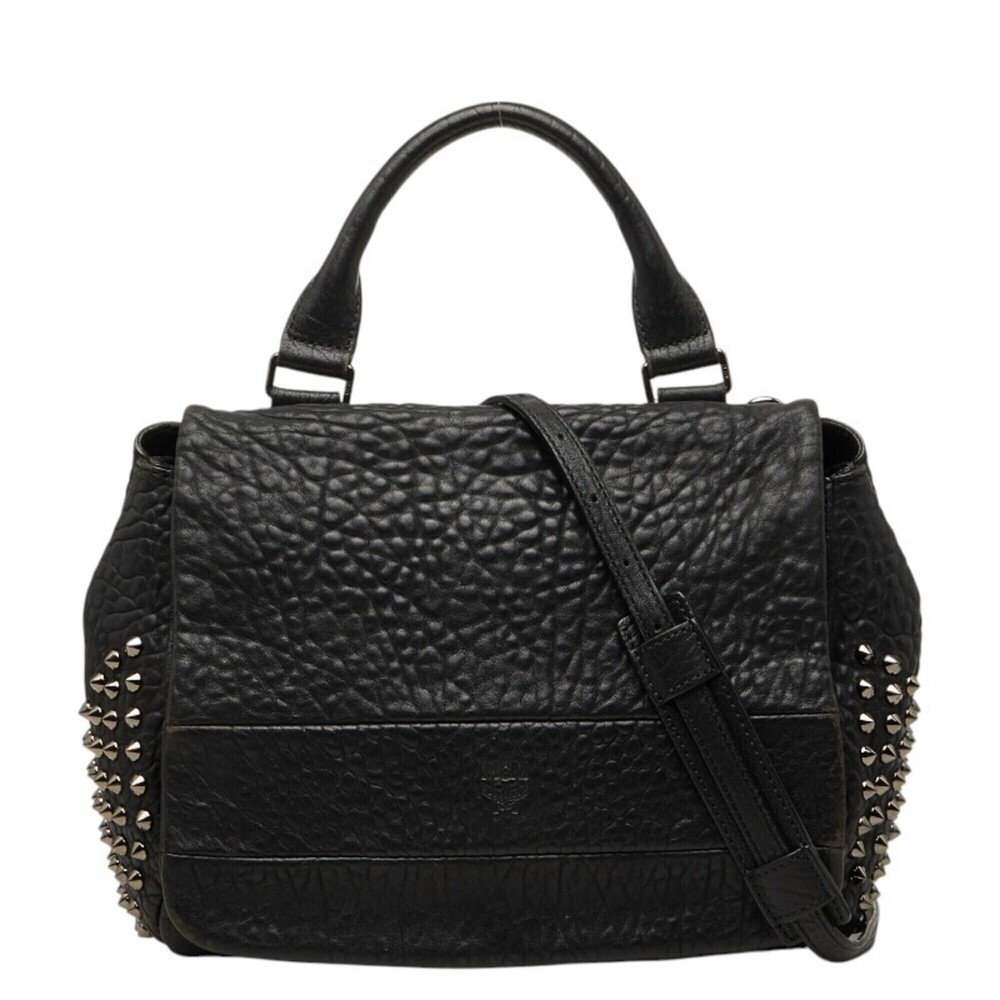 MCM Studded Handbag/Shoulder Bag, 2-Way, Black Leather, Women's